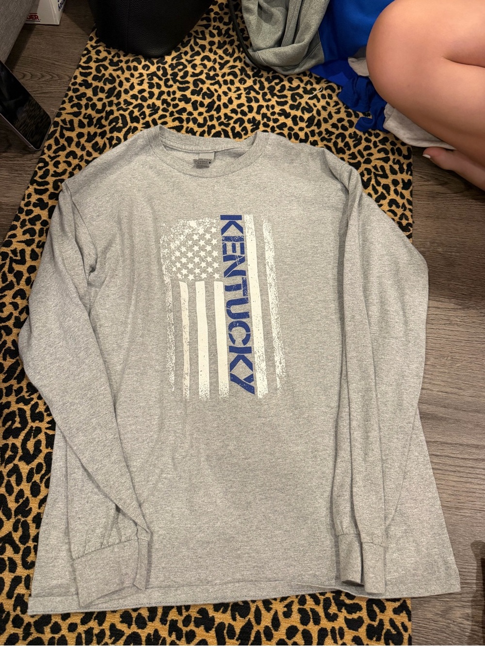 Gildan Gray Long Sleeve Tee with Blue Kentucky Flag Graphic